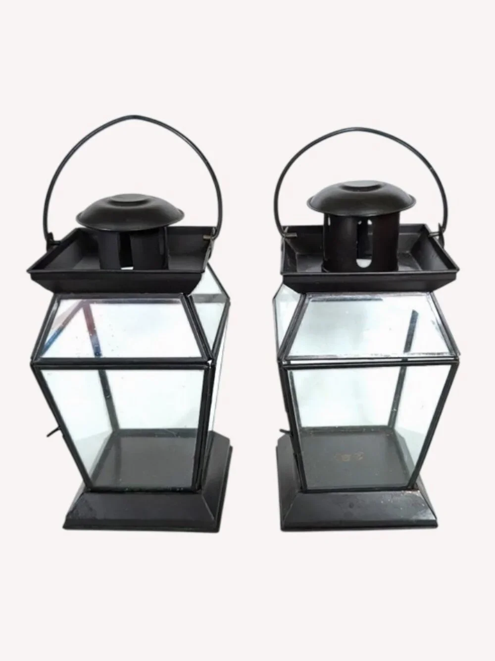 Pottery Barn Black Metal & Glass Lanterns Set